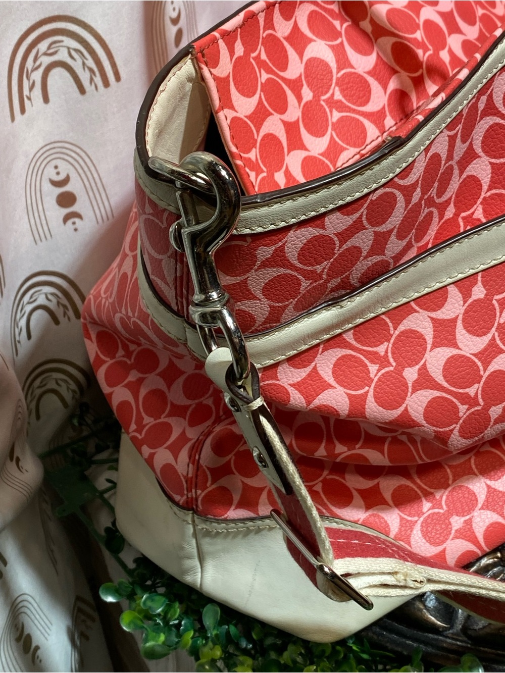 Coach Coral Pink Signature Stripe Tote with White Trim diaper bag - Picture 5 of 16